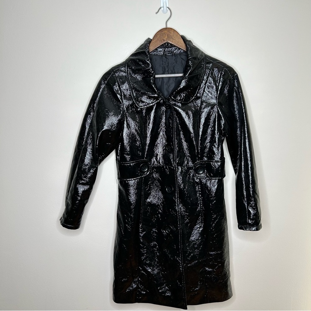 Faux Patent Leather Trench Coat Black High Shine Medium